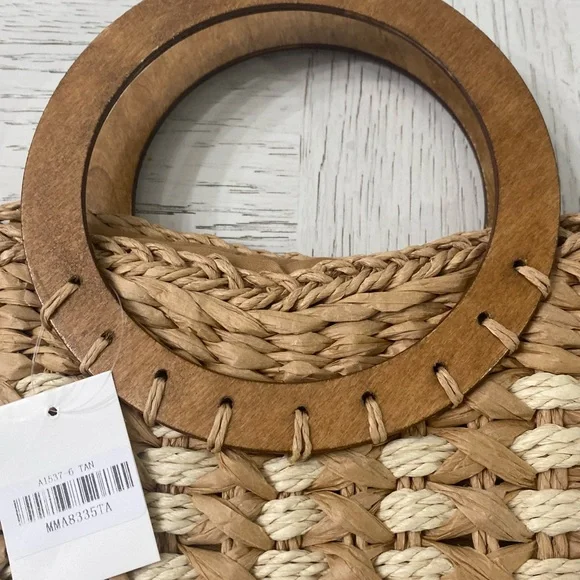 Boutique Tan & Cream Braided Woven Faux-Rattan Tote Clutch Handbag Wooden Handle - Picture 2 of 6